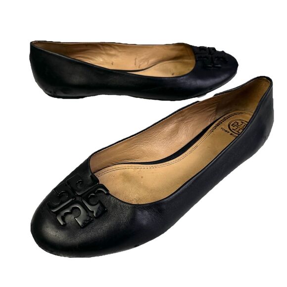 Tory Burch Lowell Ballet Flats Size 9.5 M Black Leather Logo - Picture 1 of 11